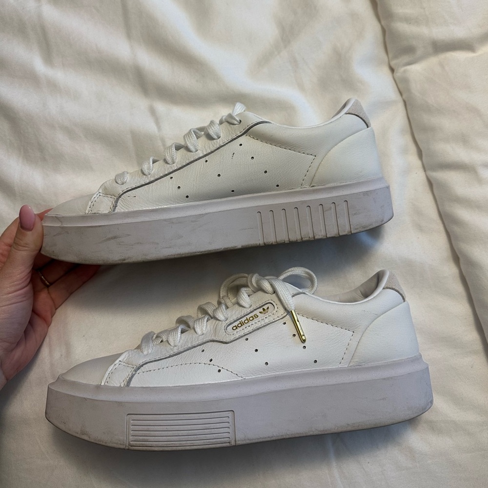 adidas Women’s White Platform Sneakers with Gold Accent